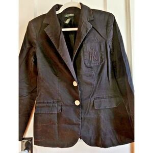 Vtg Lauren‎ Ralph Lauren cotton black LRL embroidery 2 button blazer Woman Sz 8